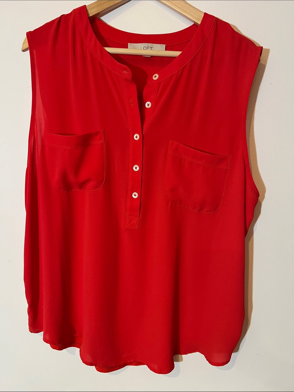 LOFT Bright Red Sleeveless Henley Shell with Chest Pockets